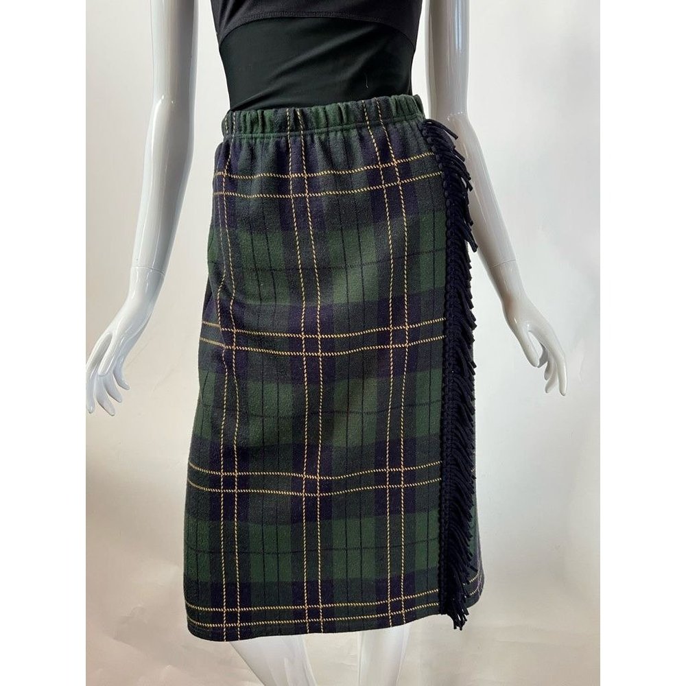 Vintage Lemmie For Nina Leonard Womens Skirt Green Blue Plaid Midi Side Fringe L